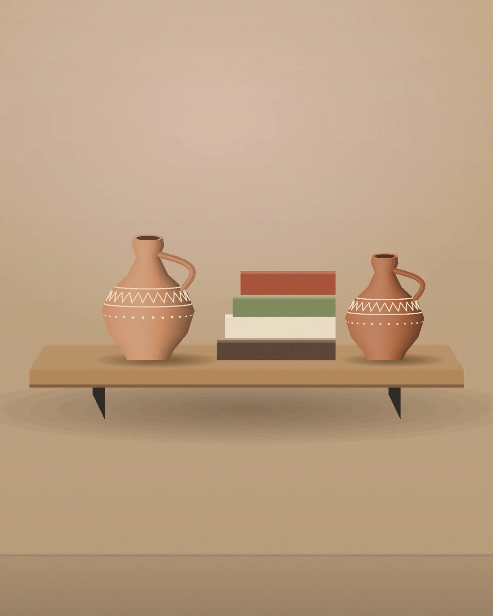 رف خشب زان عليه قلل وكتب