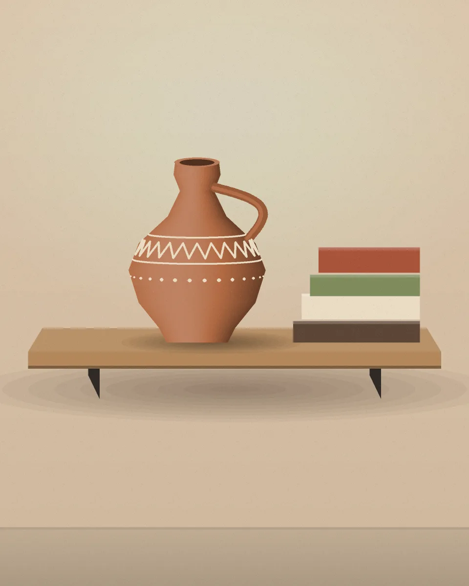 قُلّة فخار مزخرفة على رف خشب في ضوء الصبح
